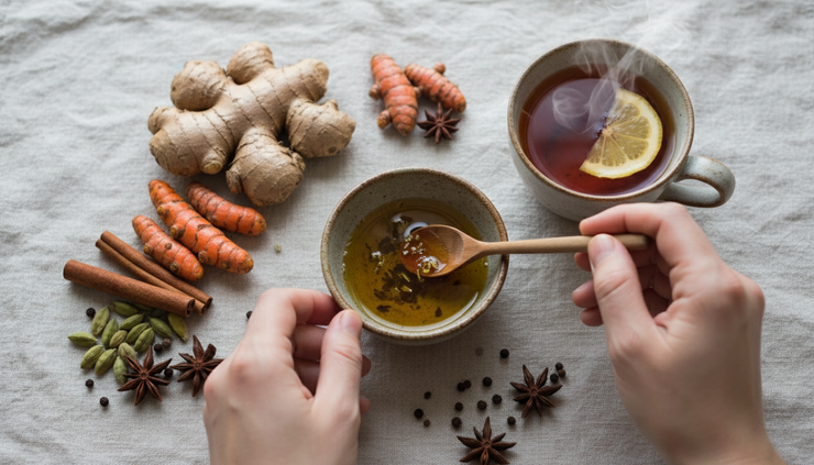 Close-up of hands preparing warm herbal oil beside fresh ginger, turmeric root, and a ceramic cup of tea