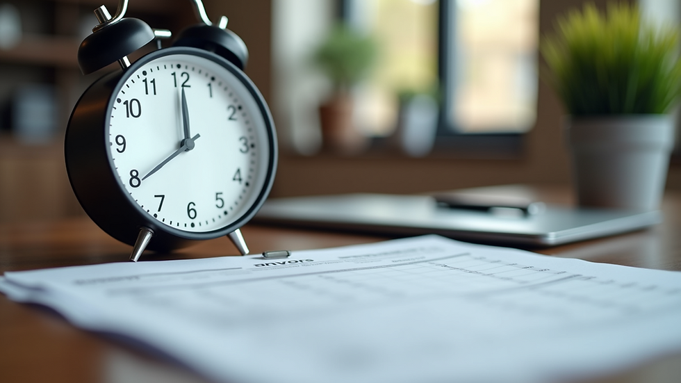 Close-up view of a time clock and payroll documents on a table
