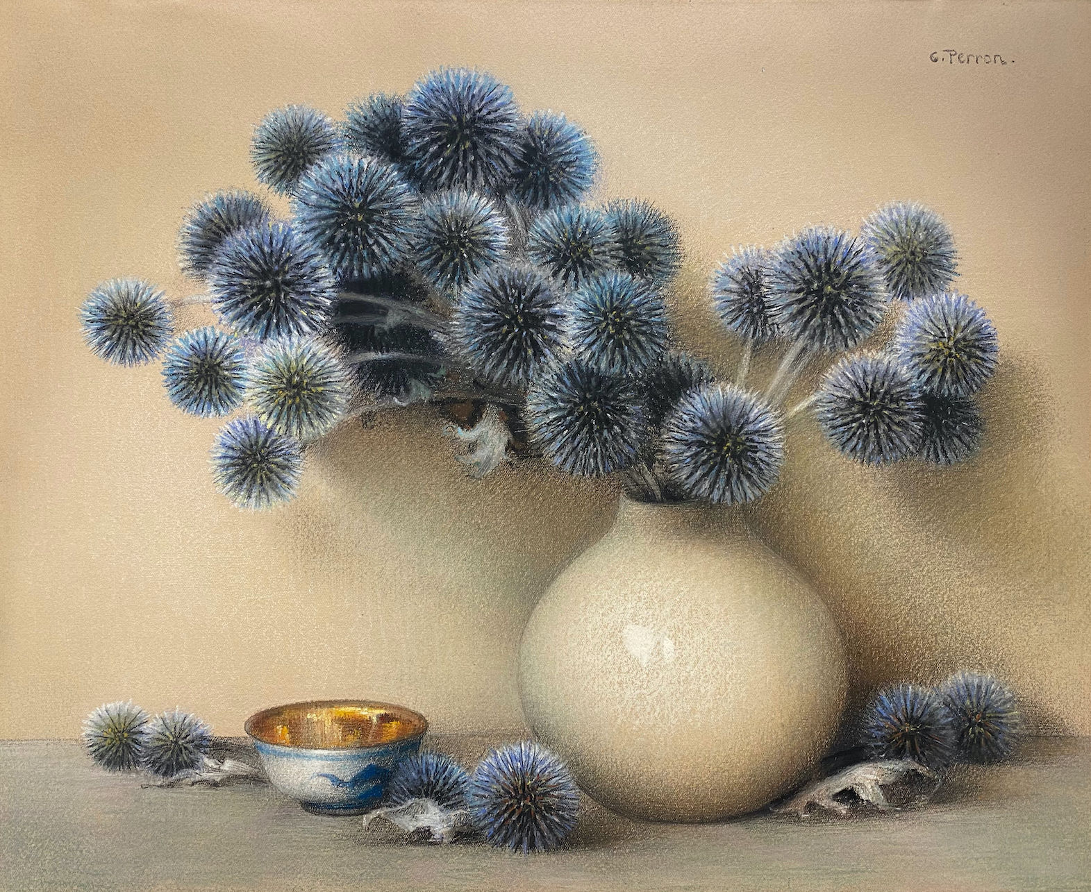 CHARLES PERRON | Bouquet de Chardons au Vase Blanc et à la Coupelle