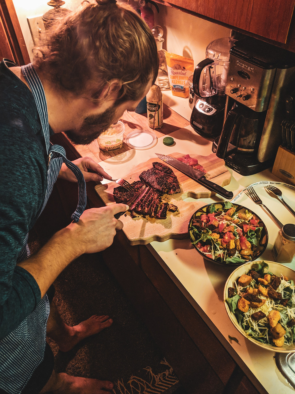 Making a tuna steak salad.