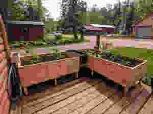 The completed DIY raised garden beds outside of our home in Northern Michigan
