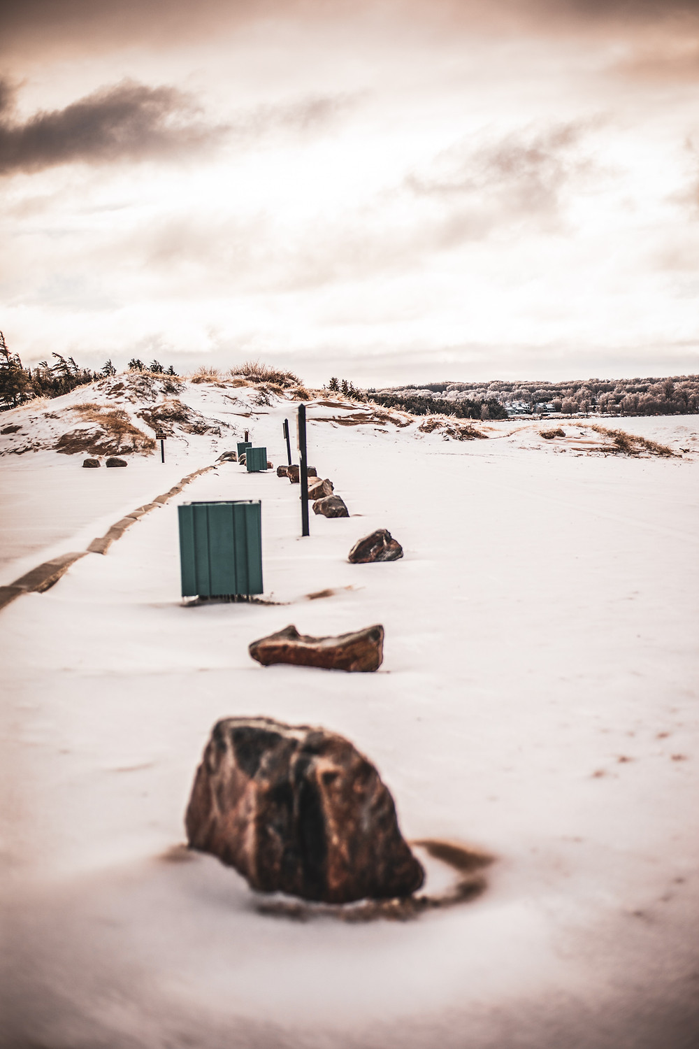 An image of rocks lining Lake Michigan.