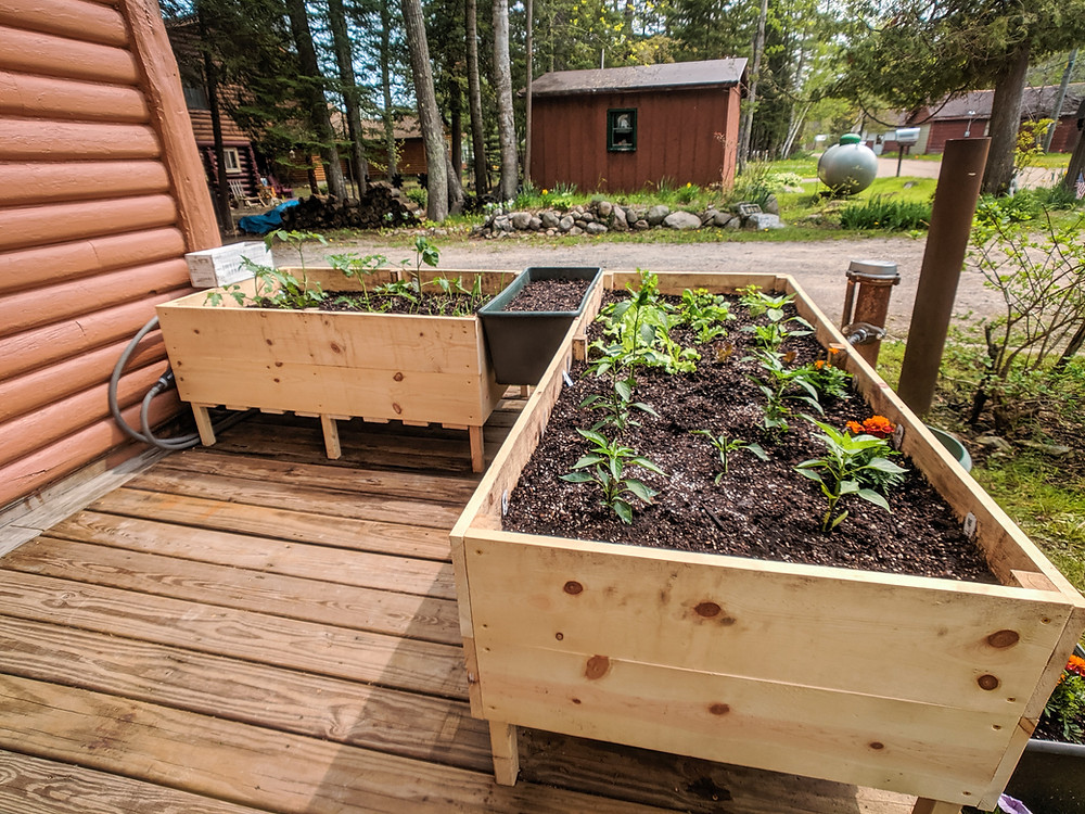 The finished DIY raised garden beds for our tiny home in Petoskey, Michigan.
