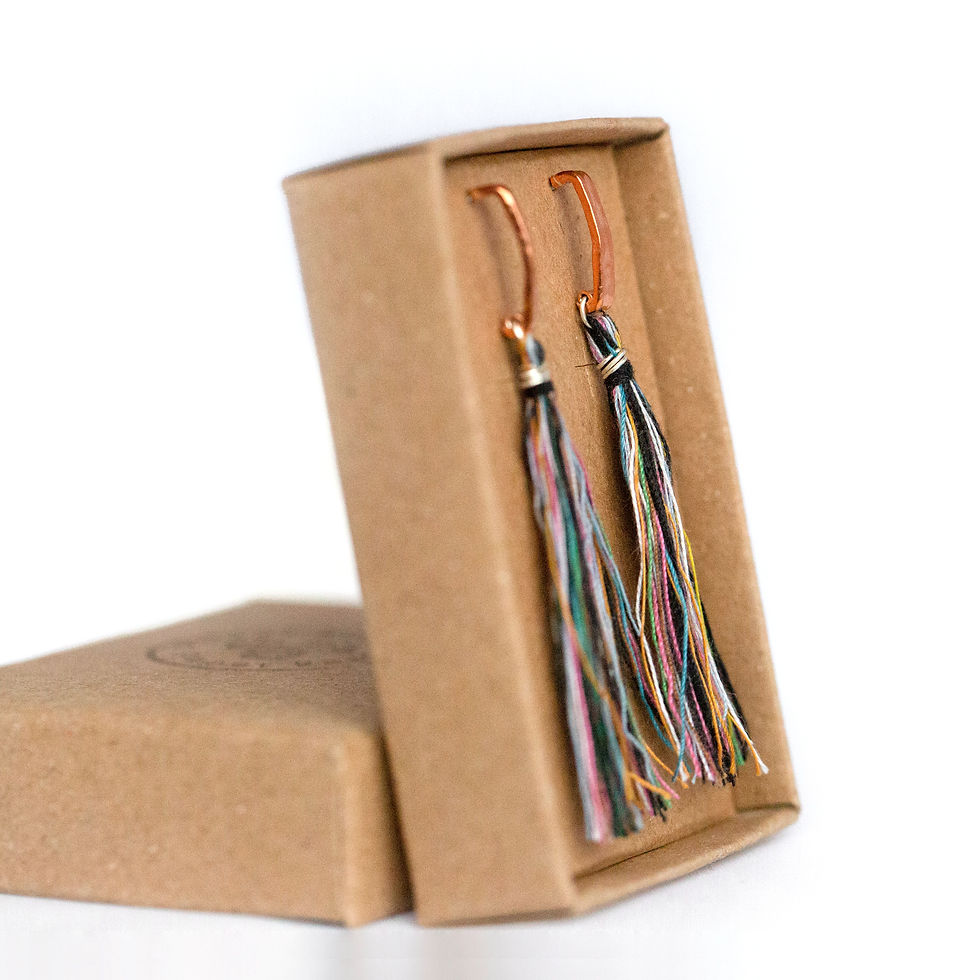 Thumbnail: Multi-coloured thread earrings with reclaimed copper and sterling silver studs in a box, side view