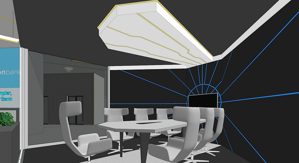 This image contains a smart conference room built with interactive design elements.