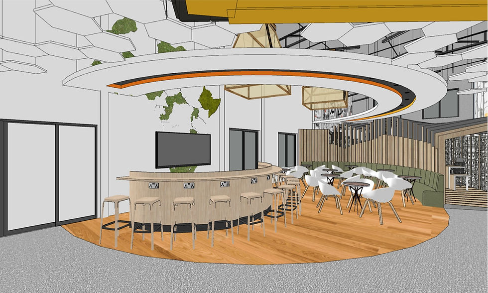 This image contains a work cafe lounge built with interactive design elements.