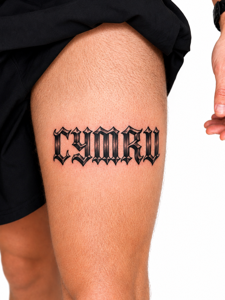 Bold gothic-style lettering tattoo reading 'Cymru' on the thigh