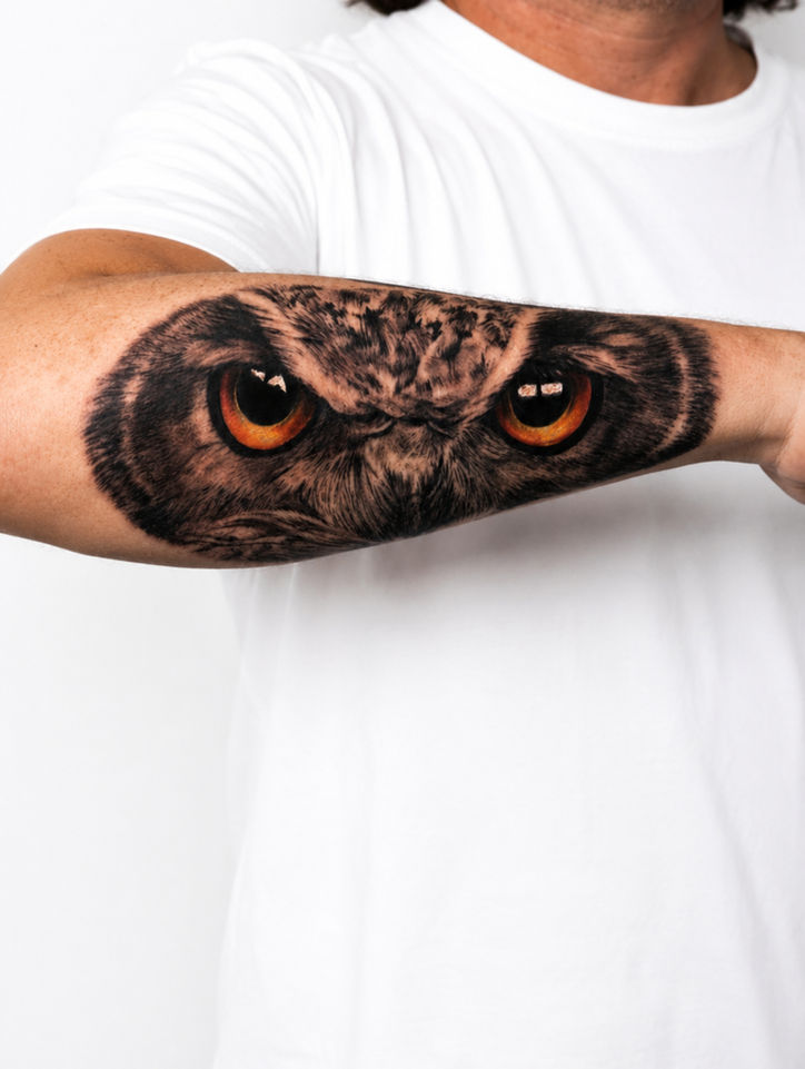 Detailed owl eyes tattoo wrapping around the forearm