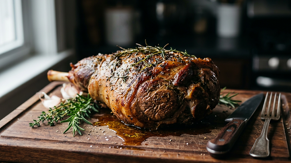 Close-up view of a cooked lamb roast on a wooden cutting board
