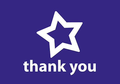 A blue rectangle with a white star and the words 'thank you'