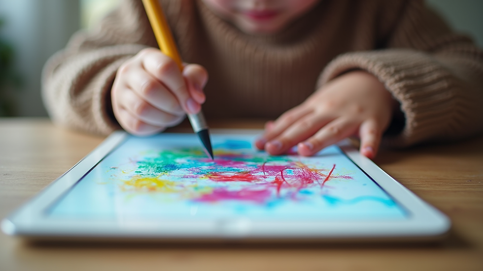 Close-up view of a child’s colorful drawing on a tablet during an online therapy session