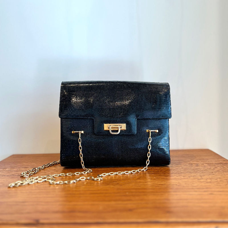 Thumbnail: black lizard leather bag 1960's-70's