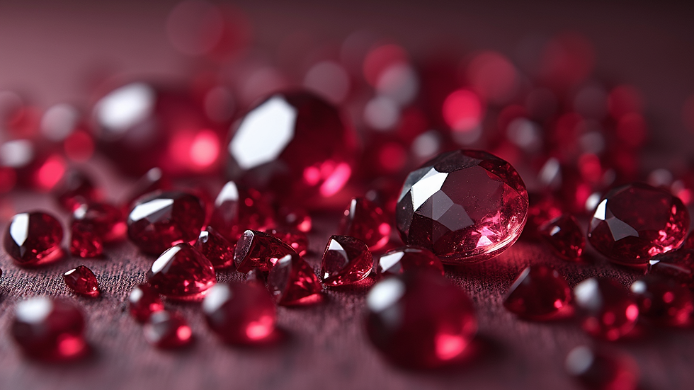Eye-level view of a collection of garnet jewellery showcasing various colours and cuts