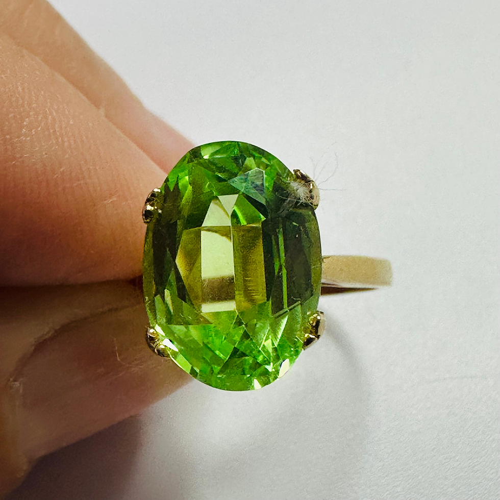 Thumbnail: Hand cut Synthetic Sapphire VIVID GREEN 9ct yellow gold ring size N