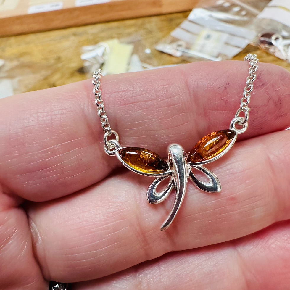 Thumbnail: New Sterling Silver Amber Dragonfly necklace on 16 inch chain