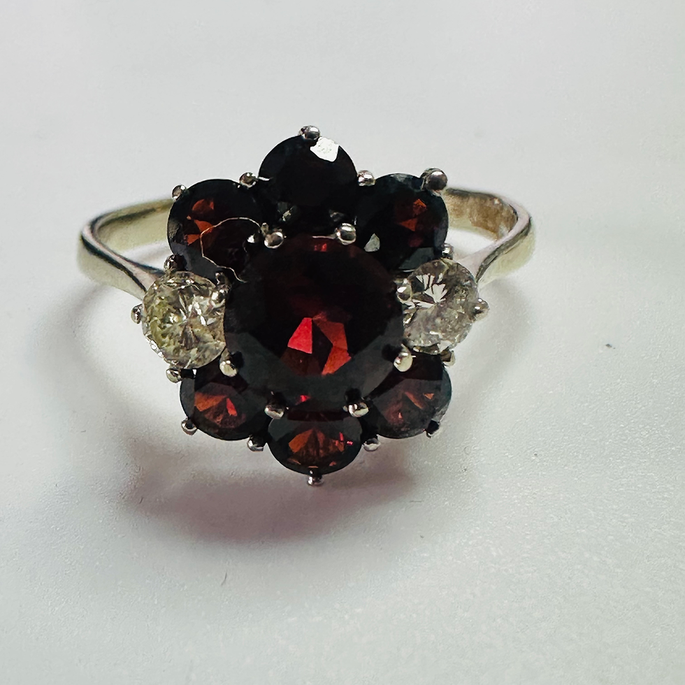 Thumbnail: 18ct white gold Garnet and Diamond cluster ring size V