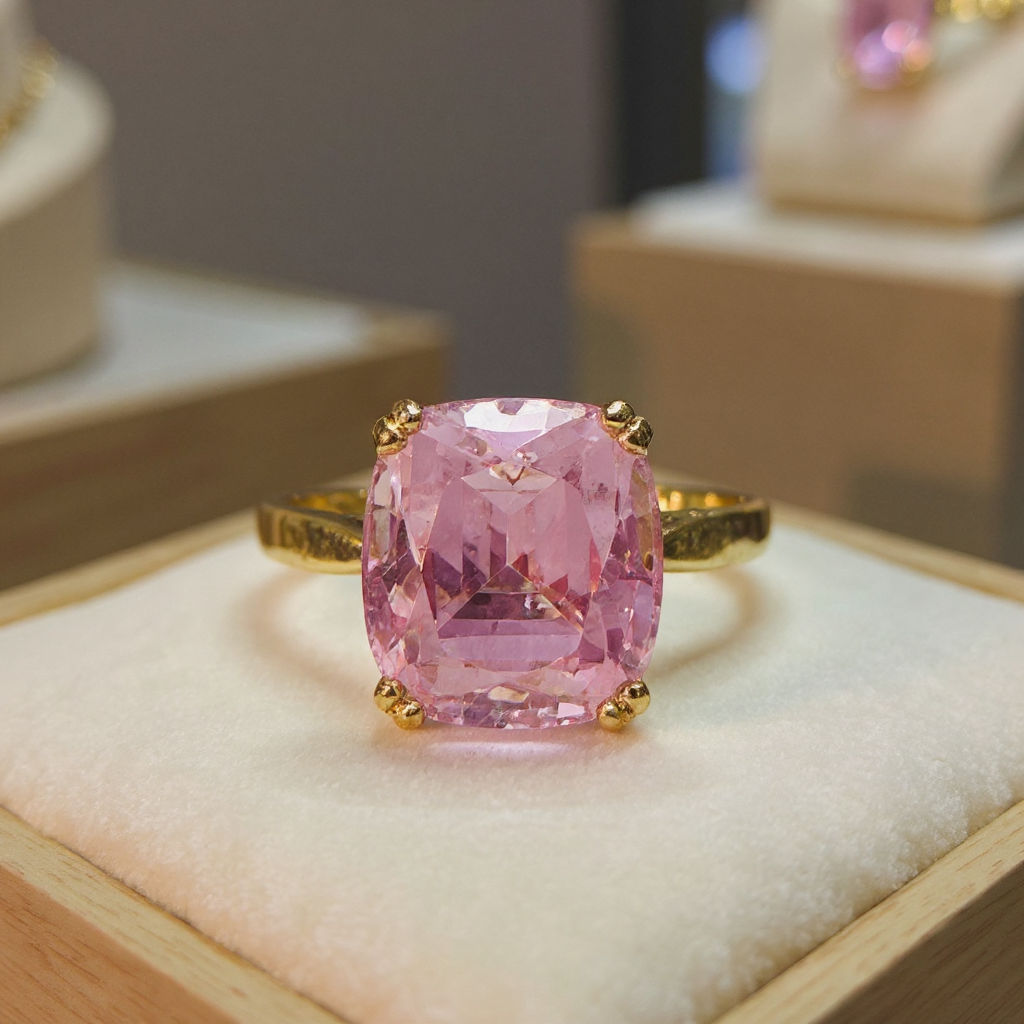 Hand cut Synthetic Sapphire Pale Pink Yellow 9ct yellow gold ring sizeN