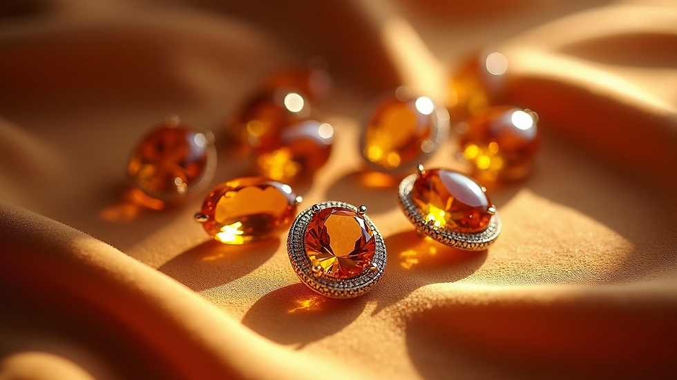 High angle view of citrine jewellery pieces arranged on a velvet cloth