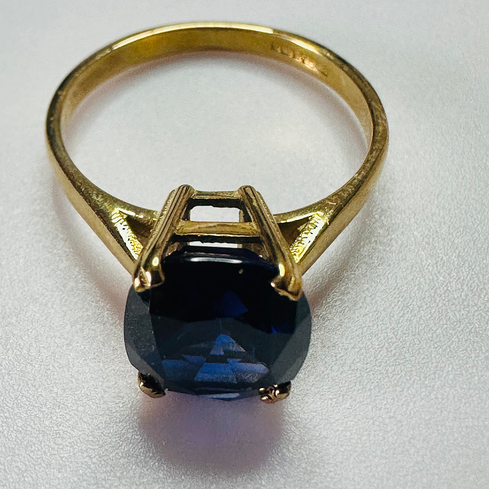 Thumbnail: Hand cut Synthetic Sapphire Royal Blue Yellow 9ct yellow gold ring size N