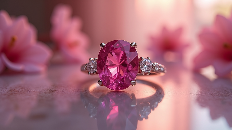 Eye-level view of a pink tourmaline ring in elegant display