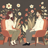 a female therapist and androgynist client sitting in chairs facing each other with body la