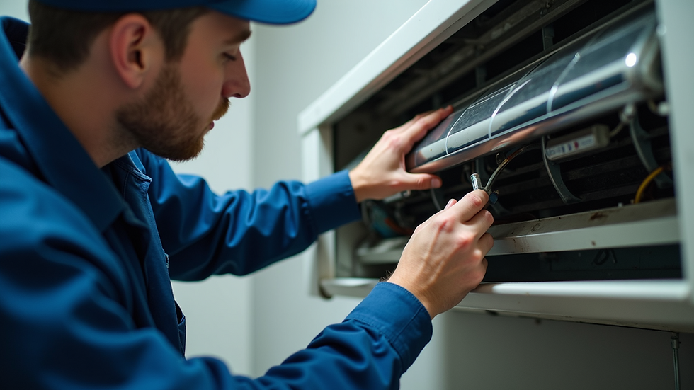 Eye-level view of a professional HVAC technician inspecting an air conditioning unit