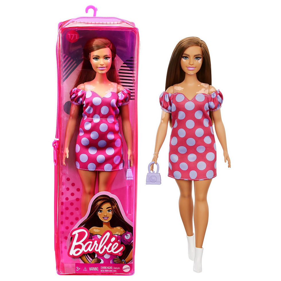 Miniatură: PAPUSA BARBIE FASHIONISTA SATENA CU ROCHIE ROZ CU BULINE