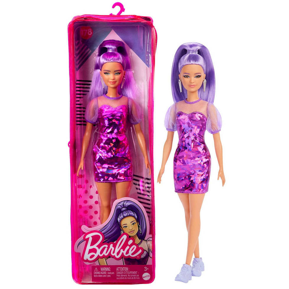 Miniatură: PAPUSA BARBIE FASHIONISTA CU PAR MOV CU ROCHIE CU UMERI BUFANTI