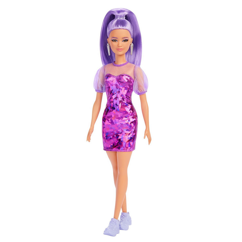 Miniatură: PAPUSA BARBIE FASHIONISTA CU PAR MOV CU ROCHIE CU UMERI BUFANTI