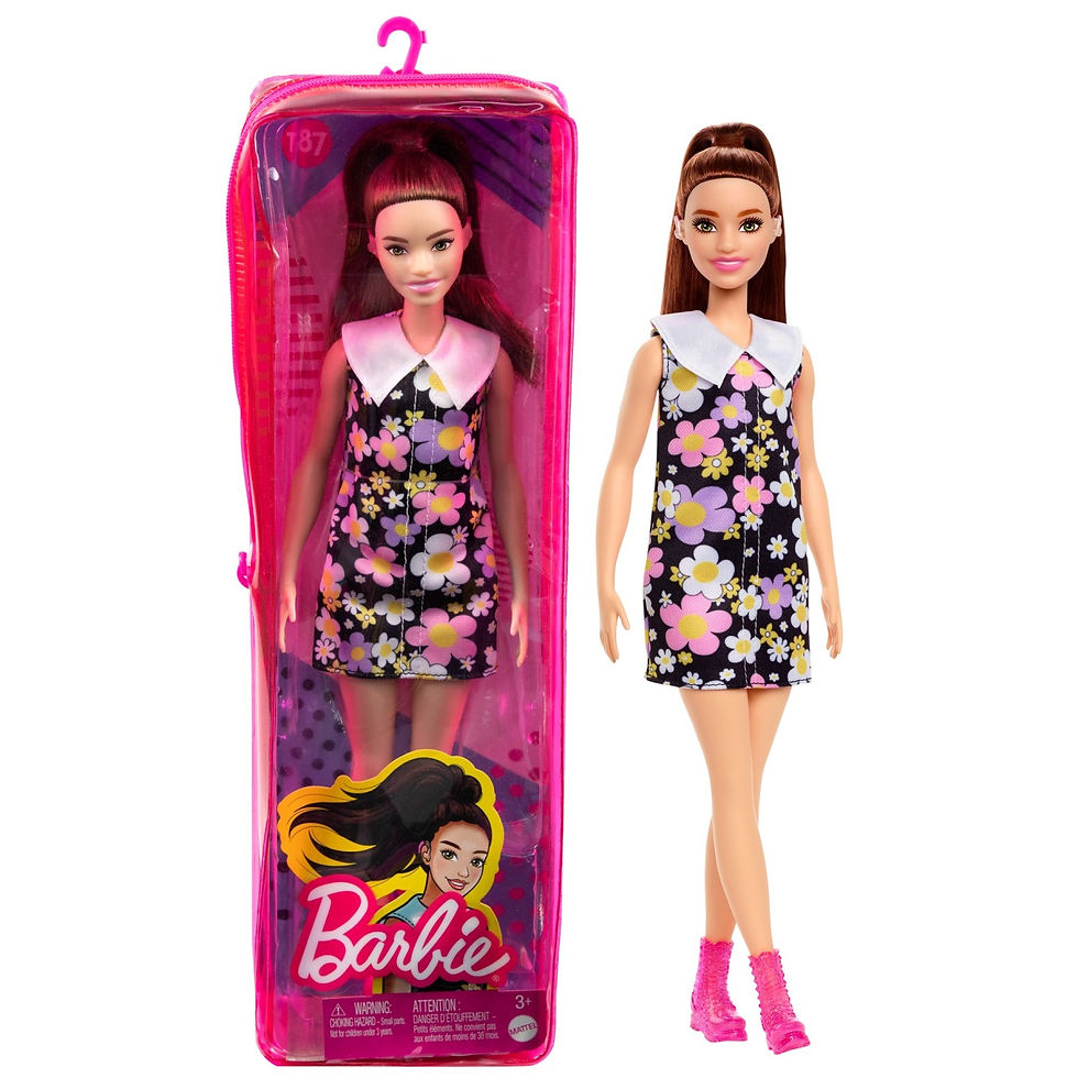 Miniatură: PAPUSA BARBIE FASHIONISTA SATENA CU ROCHIE CU IMPRIMEU FLORAL