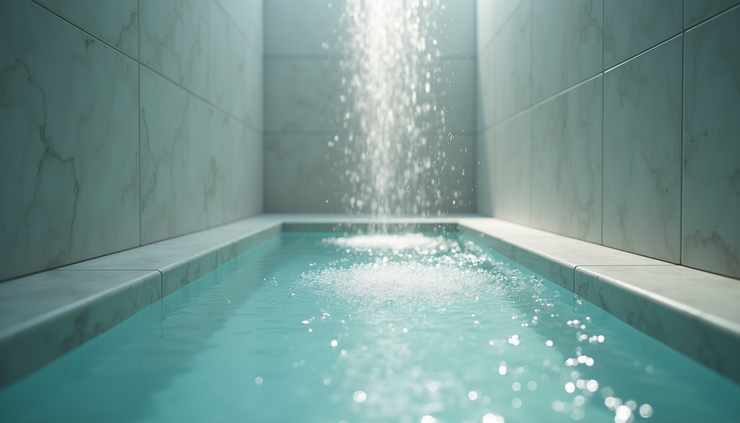 Eye-level view of a luxurious bathroom shower with clear water flowing