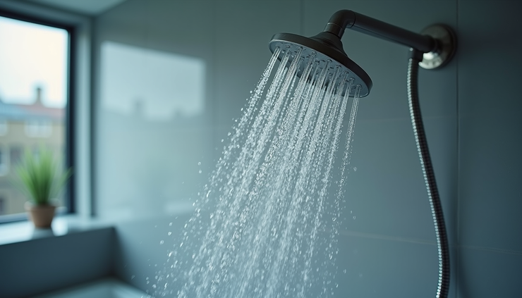 Close-up view of water droplets falling from a modern showerhead