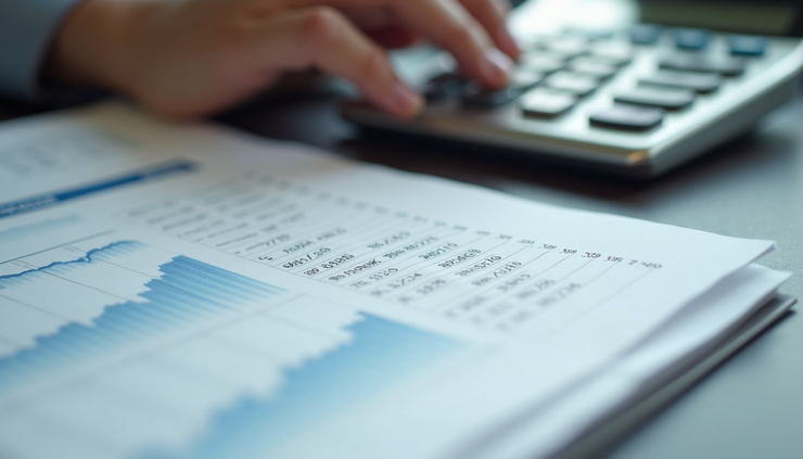 Eye-level view of a calculator and financial documents on a wooden desk