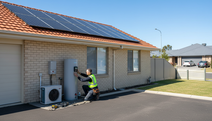 Eye-level view of rooftop solar panels above a heat pump hot water system at a suburban home.
