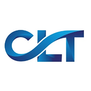 Logo CLT com letras azuis estilizadas e design moderno.
