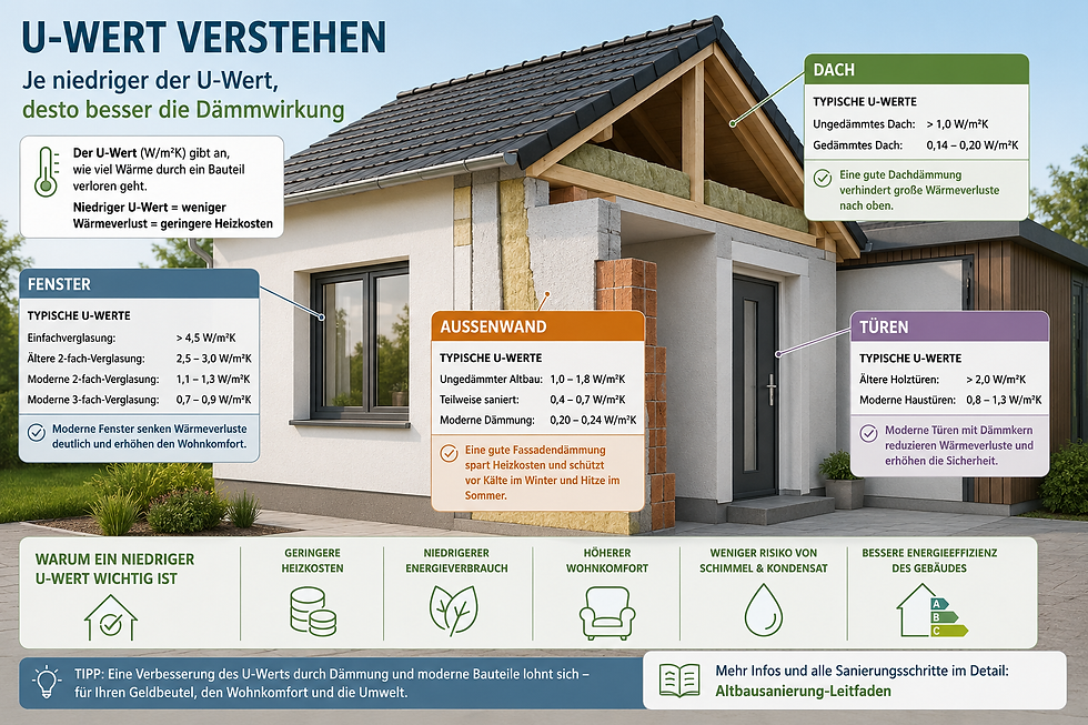 Infografik zum U-Wert: Typische U-Werte für Fenster, Außenwände, Dach und Türen. Die Grafik zeigt, wie eine gute Wärmedämmung Wärmeverluste reduziert und die Energieeffizienz eines Gebäudes verbessert.