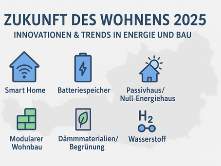 Infografik: Zukunft des Wohnens 2025 – Symbole für Smart Home, Batteriespeicher, Passivhaus/Null-Energiehaus, modularen Wohnbau, Dämmmaterialien/Begrünung und Wasserstoff, mit Österreich-Karte im Hintergrund.