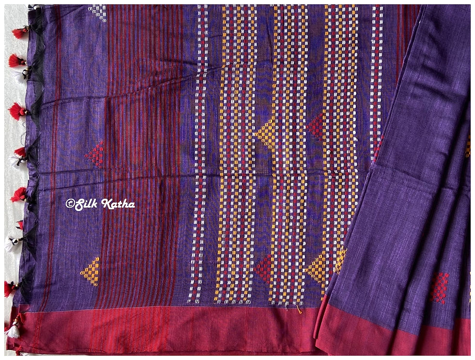 Thumbnail: Purple Khadi Handwoven Bengal Saree with Red Border and embroidered patterns
