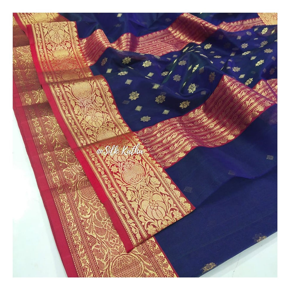 Thumbnail: Navy Blue with Red border - Katan silk - 2 shape butti all over and on pallu