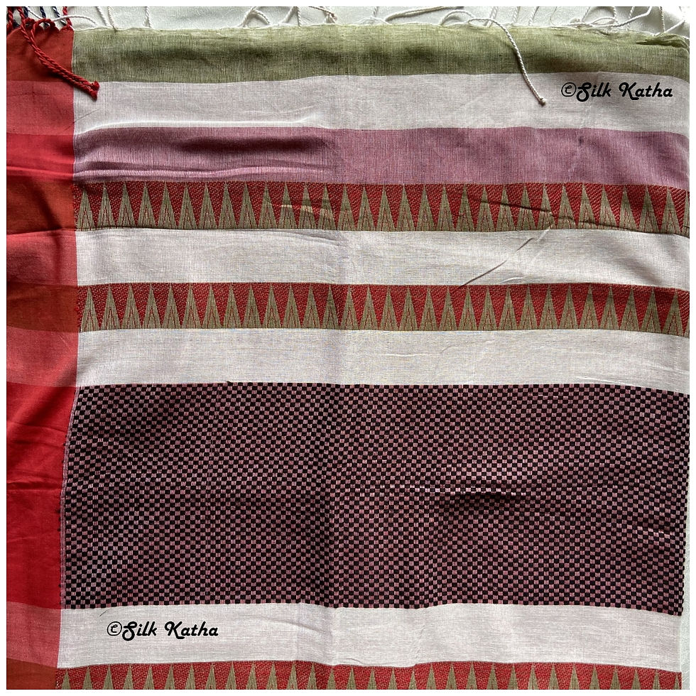 Thumbnail: Mehendi Green with Red Border Khadi Handwoven Bengal Saree with self weave desig