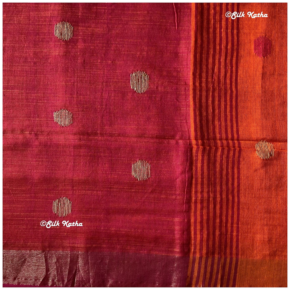 Thumbnail: Rani Pink and Orange Khadi Handwoven Bengal Saree with Golden& Rani Pink buttis