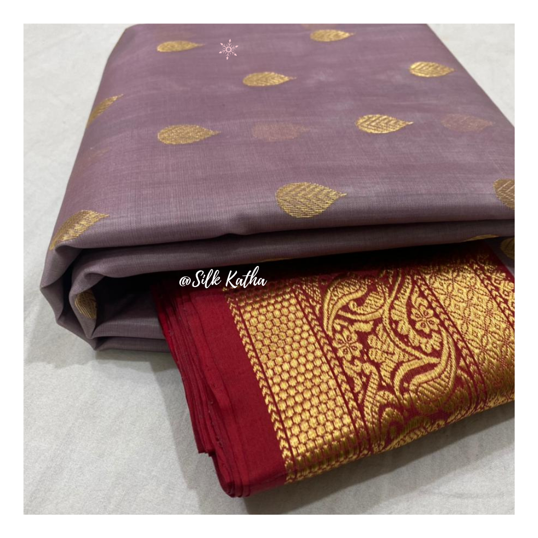Grey Chanderi Katan Silk Saree with Maroon & Golden Zari Border
