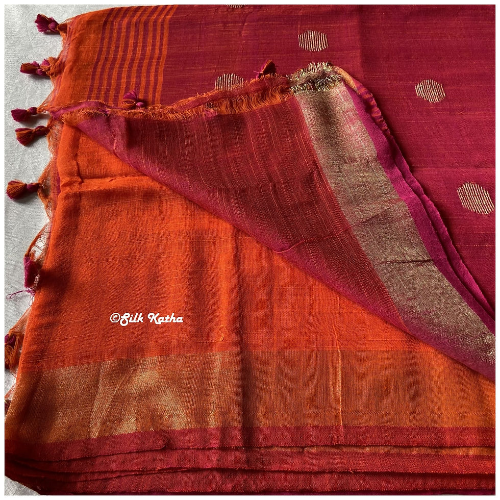 Thumbnail: Rani Pink and Orange Khadi Handwoven Bengal Saree with Golden& Rani Pink buttis