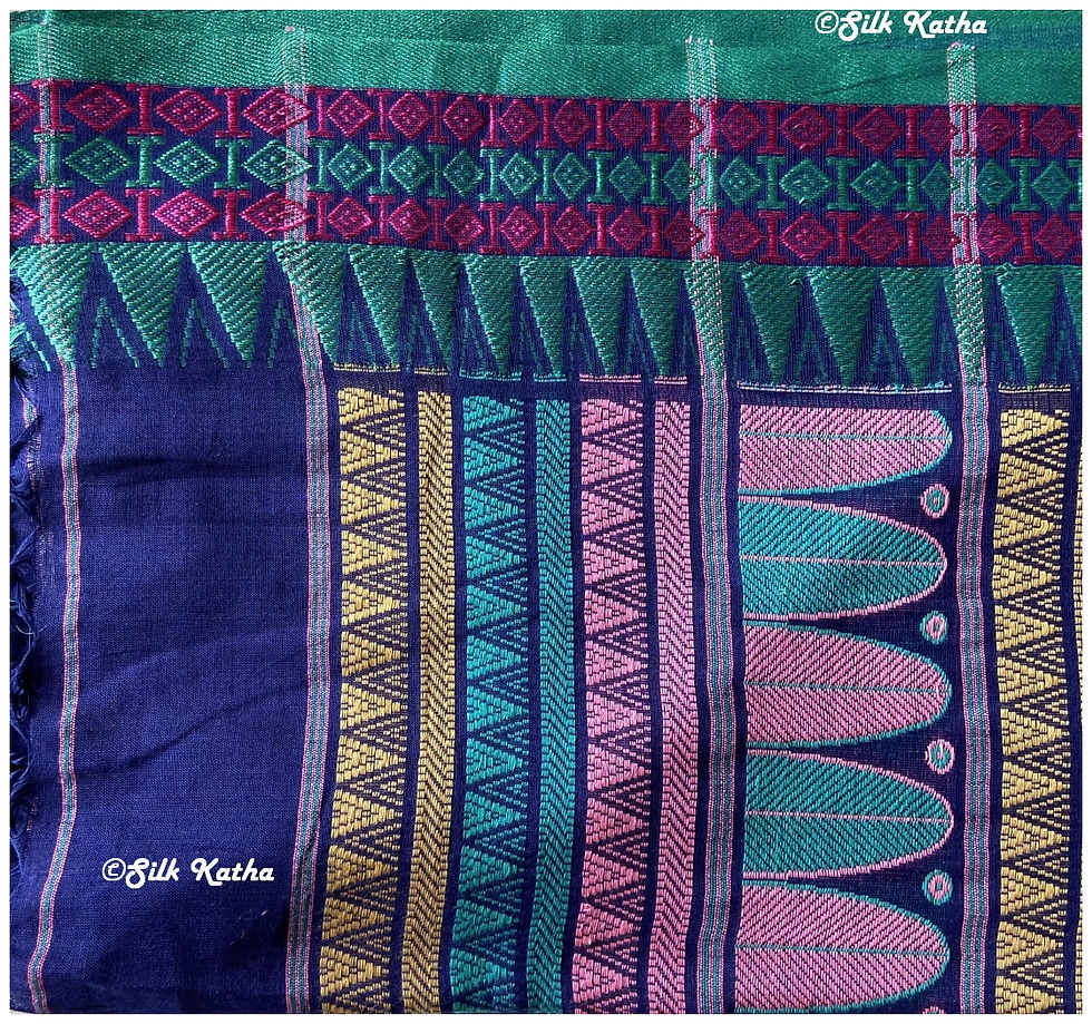 Thumbnail: Royal Blue with Peacock Green Dungri Khadi Handwoven Bengal Saree
