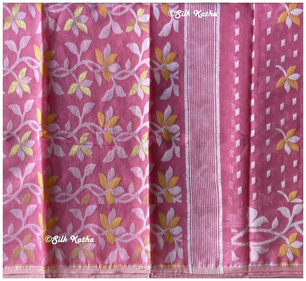 Thumbnail: Pink with White and Yellow Jamdani Floral Motif Handwoven Bengal Saree