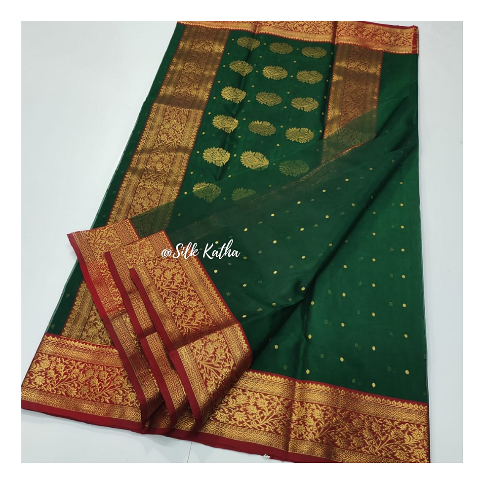 Thumbnail: Bottle Green Chanderi Katan Silk Saree with golden zari booties
