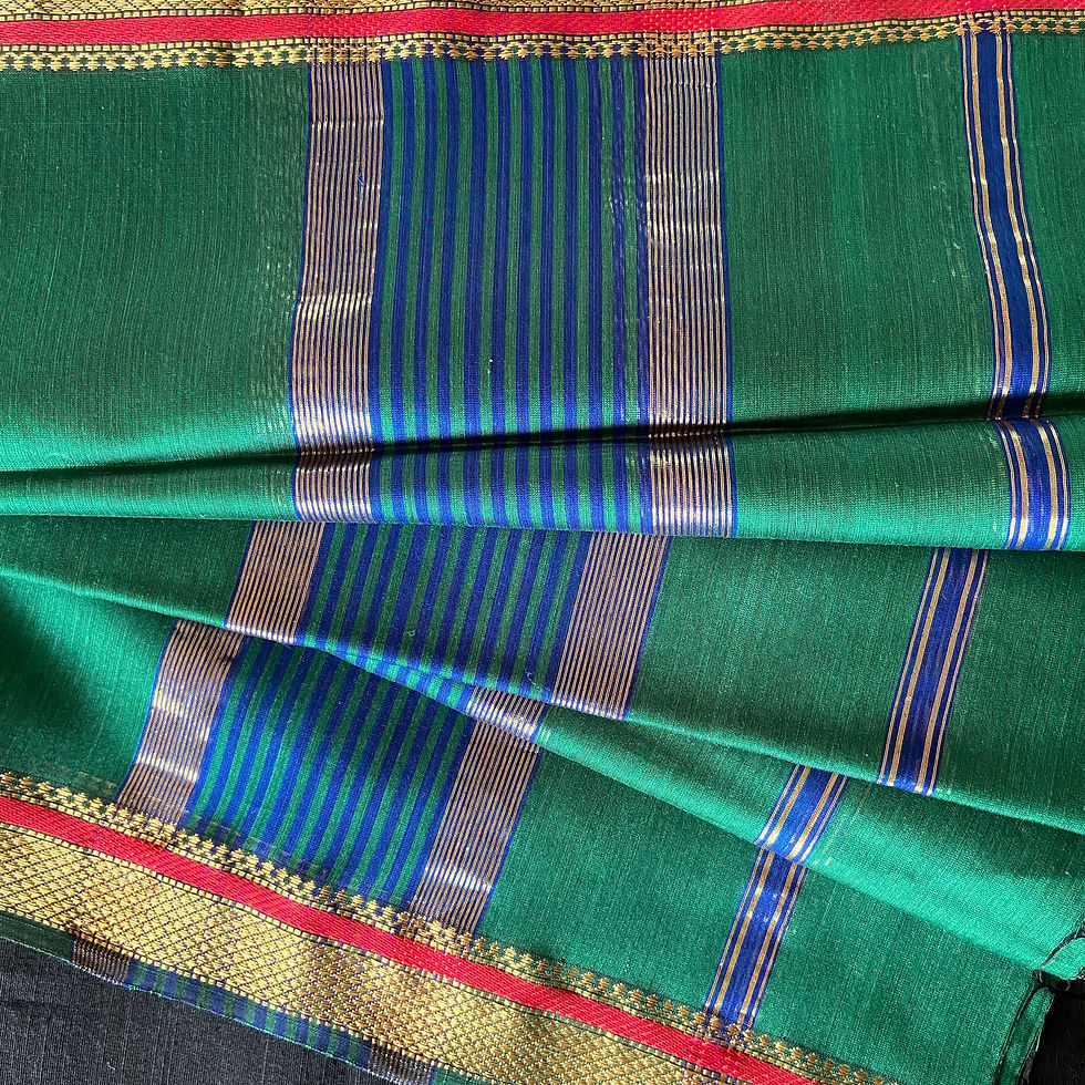Thumbnail: Navy Blue and Bottle Green Cotton Silk Maheshwari Handloom Suit with Zari Border