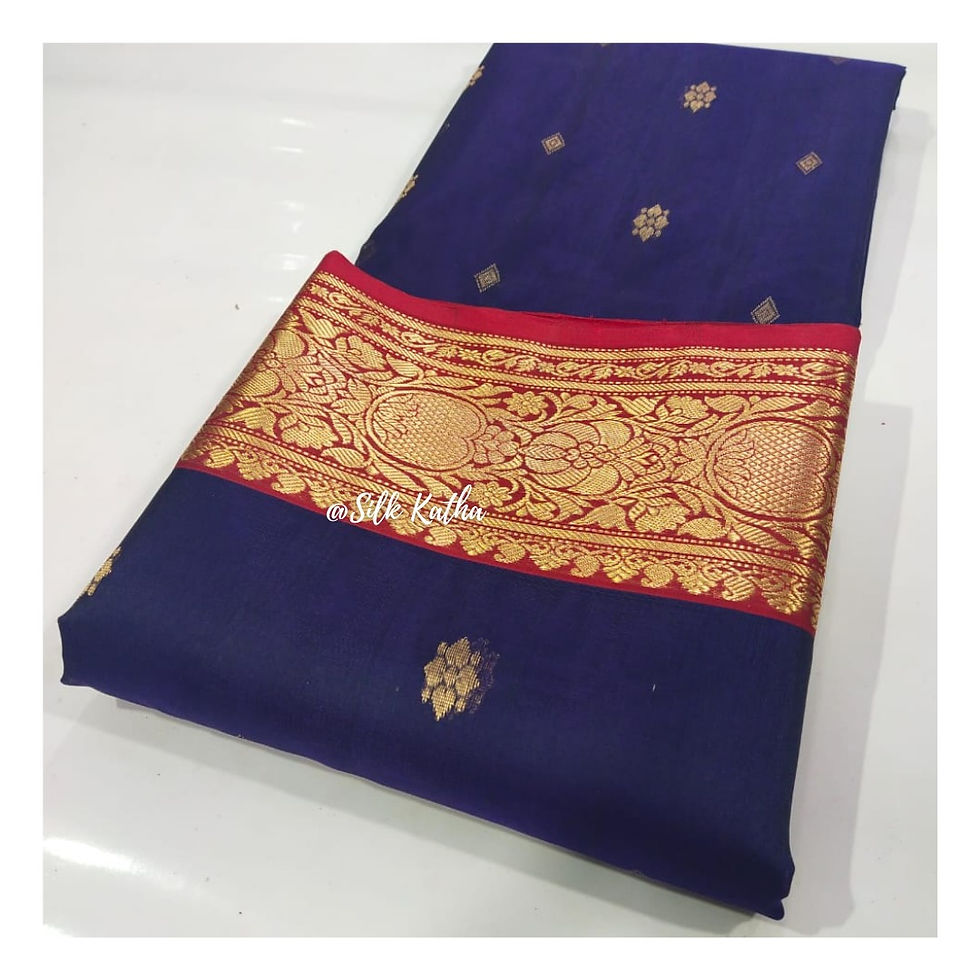 Thumbnail: Navy Blue with Red border - Katan silk - 2 shape butti all over and on pallu