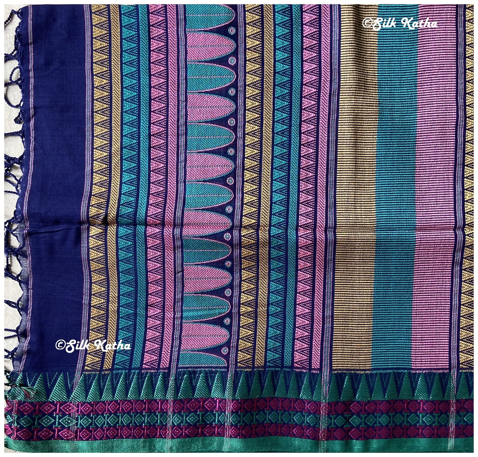 Thumbnail: Royal Blue with Peacock Green Dungri Khadi Handwoven Bengal Saree