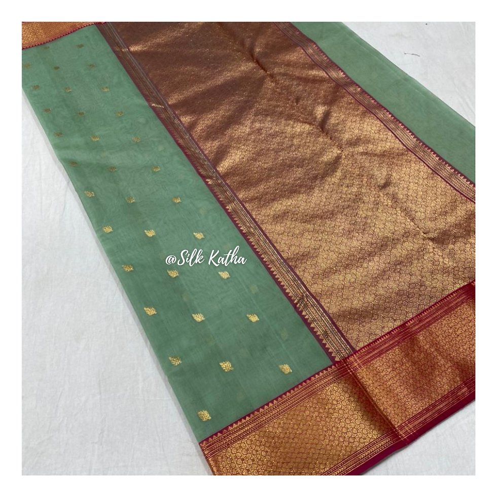 Thumbnail: French Green Chanderi Katan Silk Saree with Golden Zari Rani Pink Border